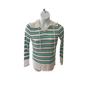 TALBOTS, SIZE M, SHIRT HOODIE, LONG SLEEVES, WHITE WITH STRIPES
